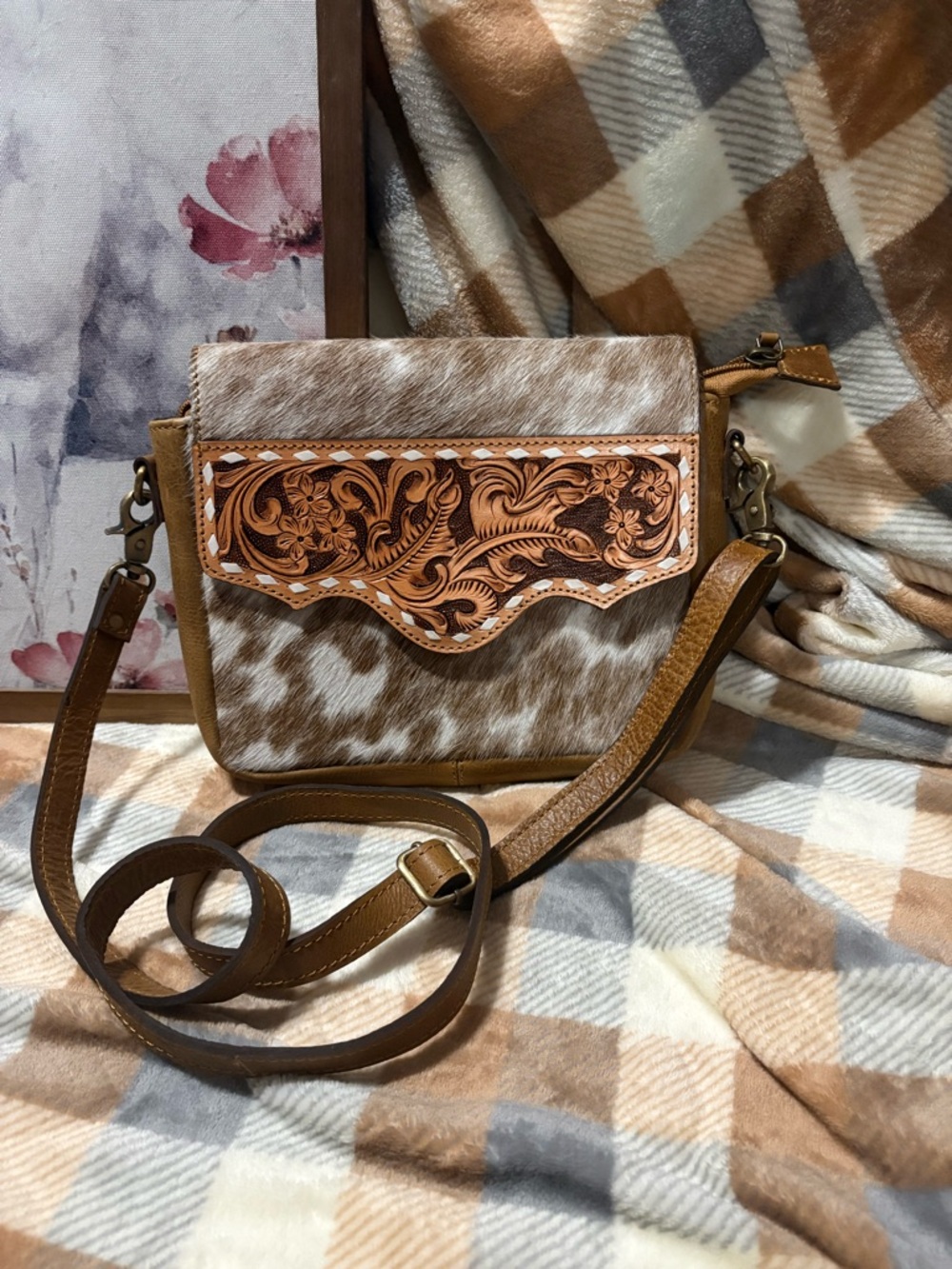 Women’s Haircalf Crossbody Bag with Tooled Leather Accent - Brown